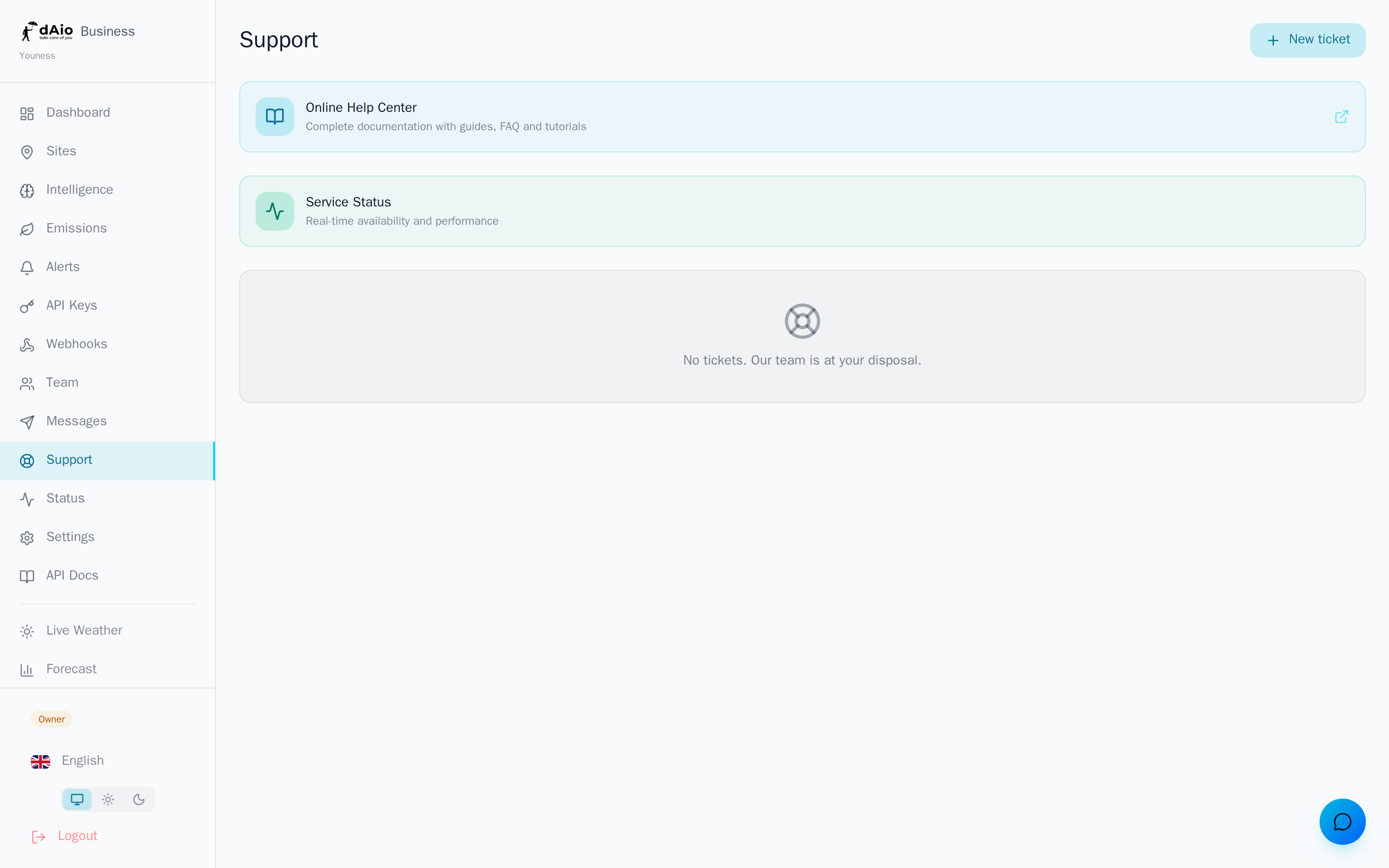 Support page and ticket list